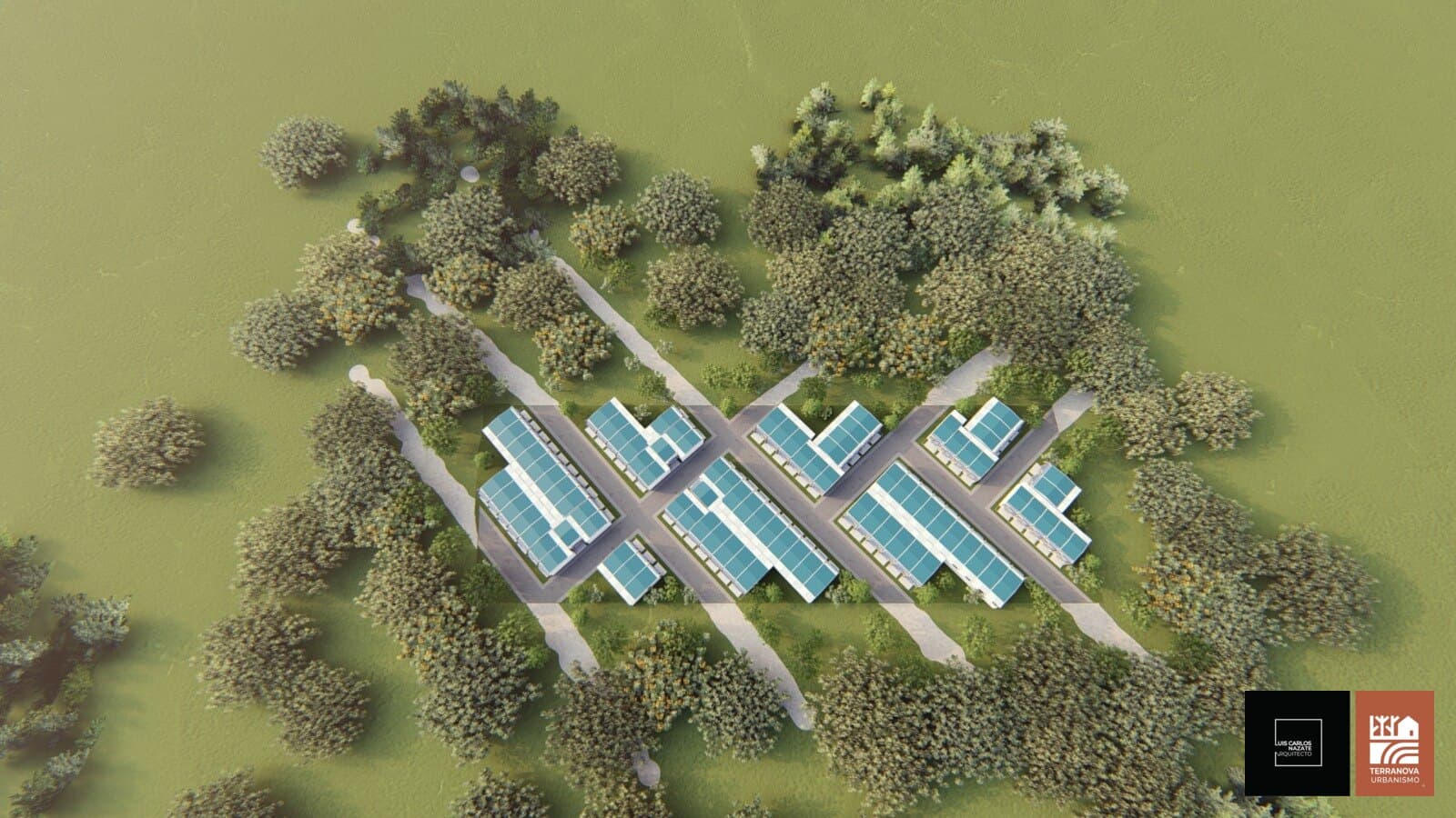 Vista aérea cenital de las 8 manzanas. Render del proyecto Terranova.