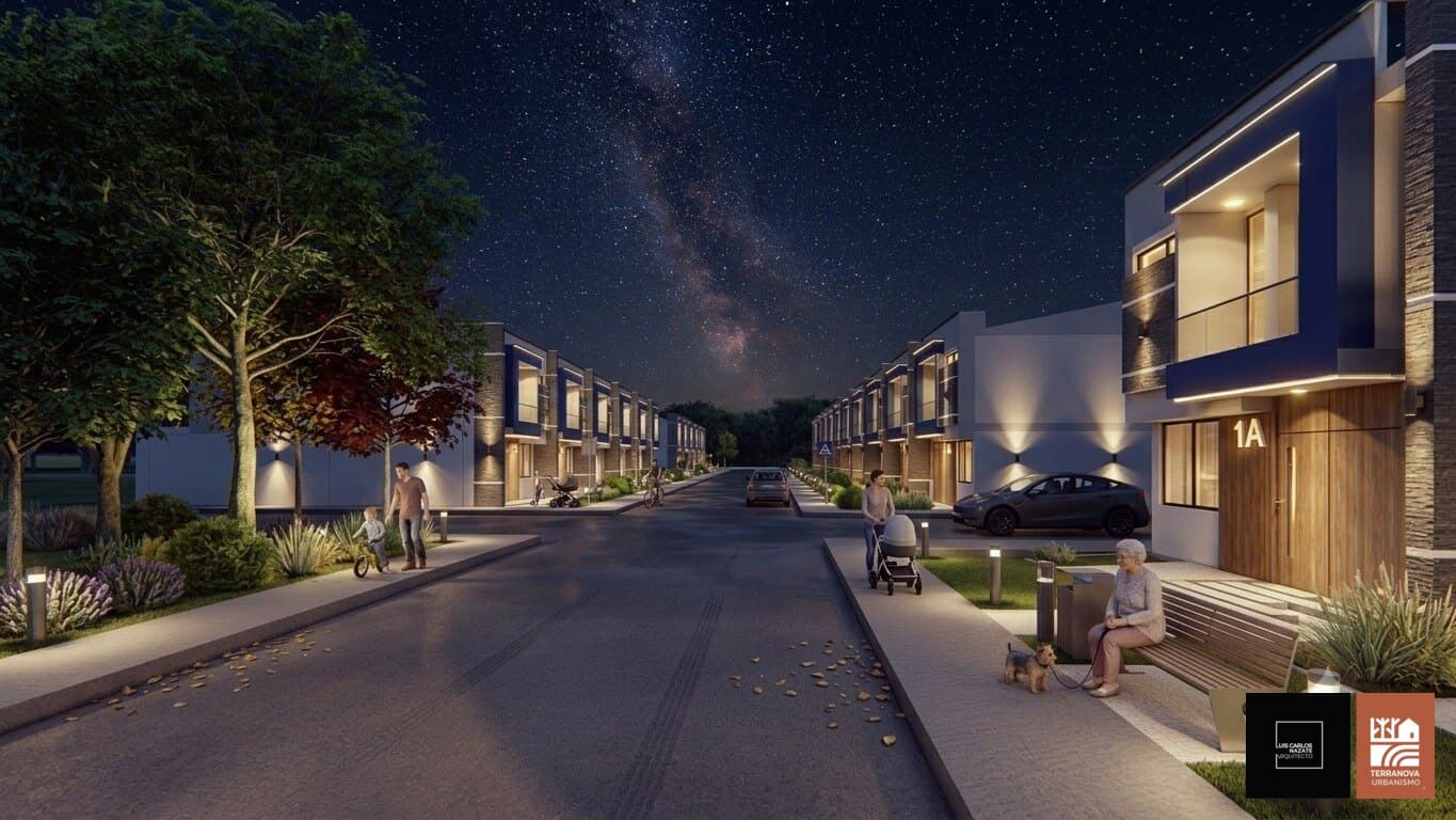 Calle interna de noche. Render del proyecto Terranova.