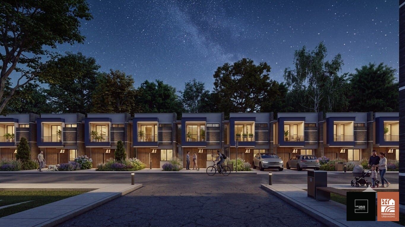 Fachadas de noche. Render del proyecto Terranova.