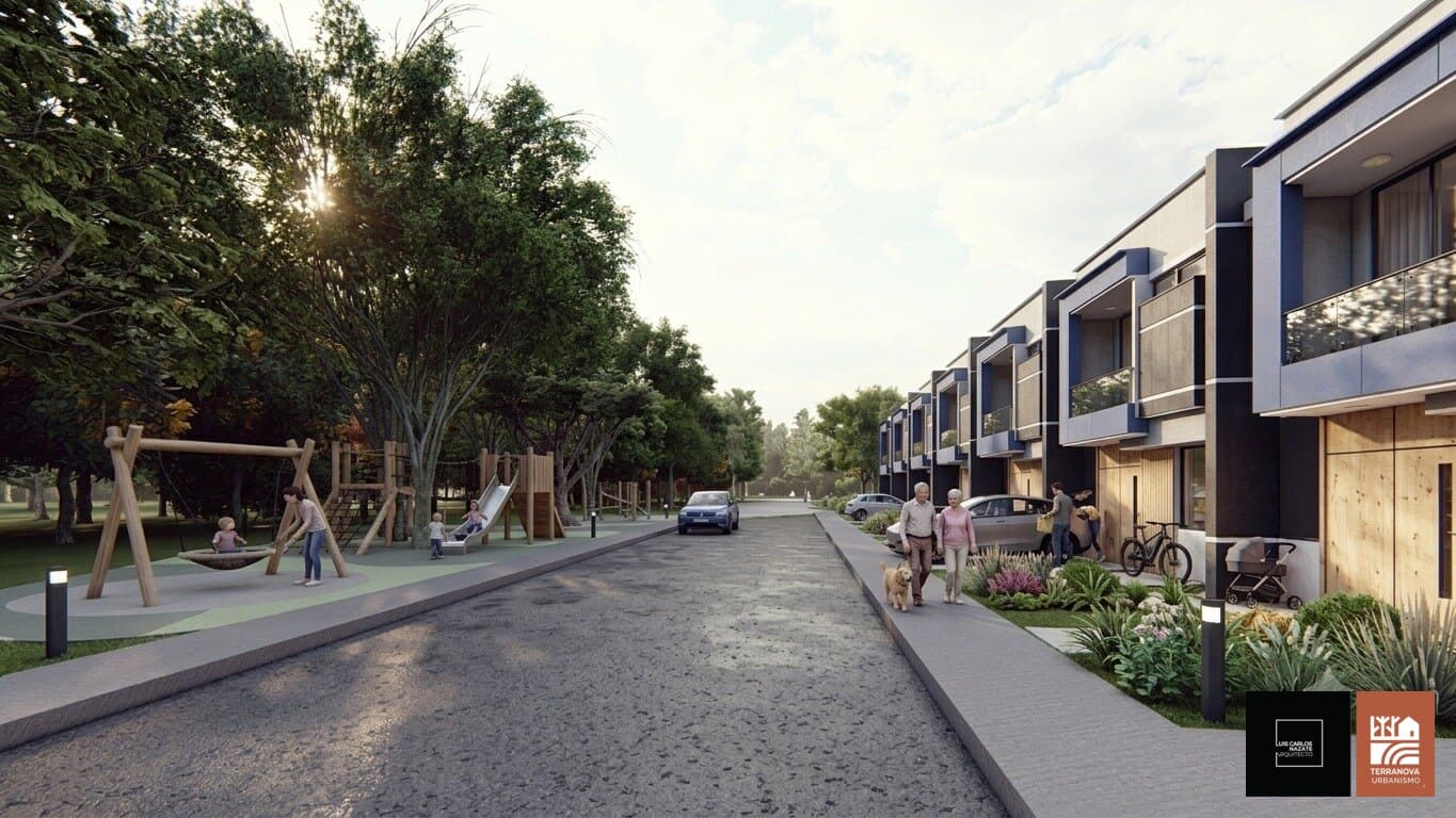 Parque infantil y andenes. Render del proyecto Terranova.