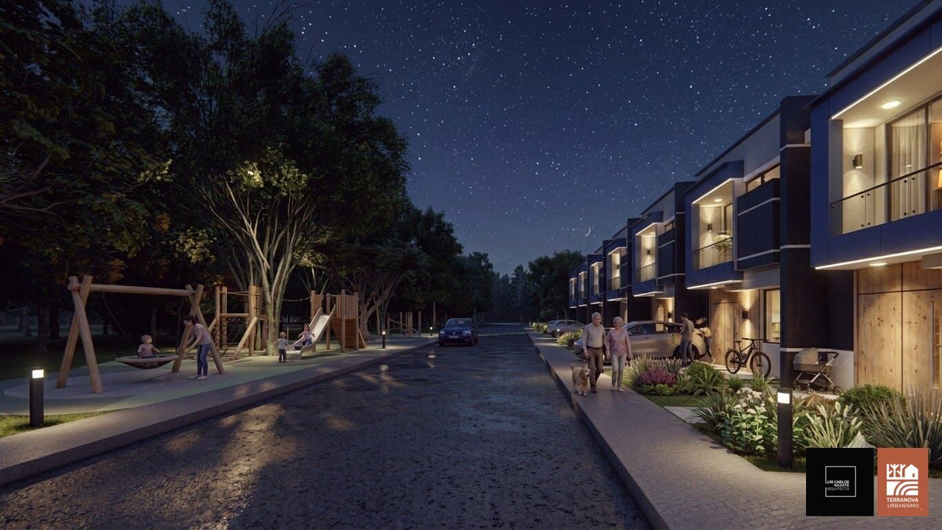 Parque infantil de noche. Render del proyecto Terranova.